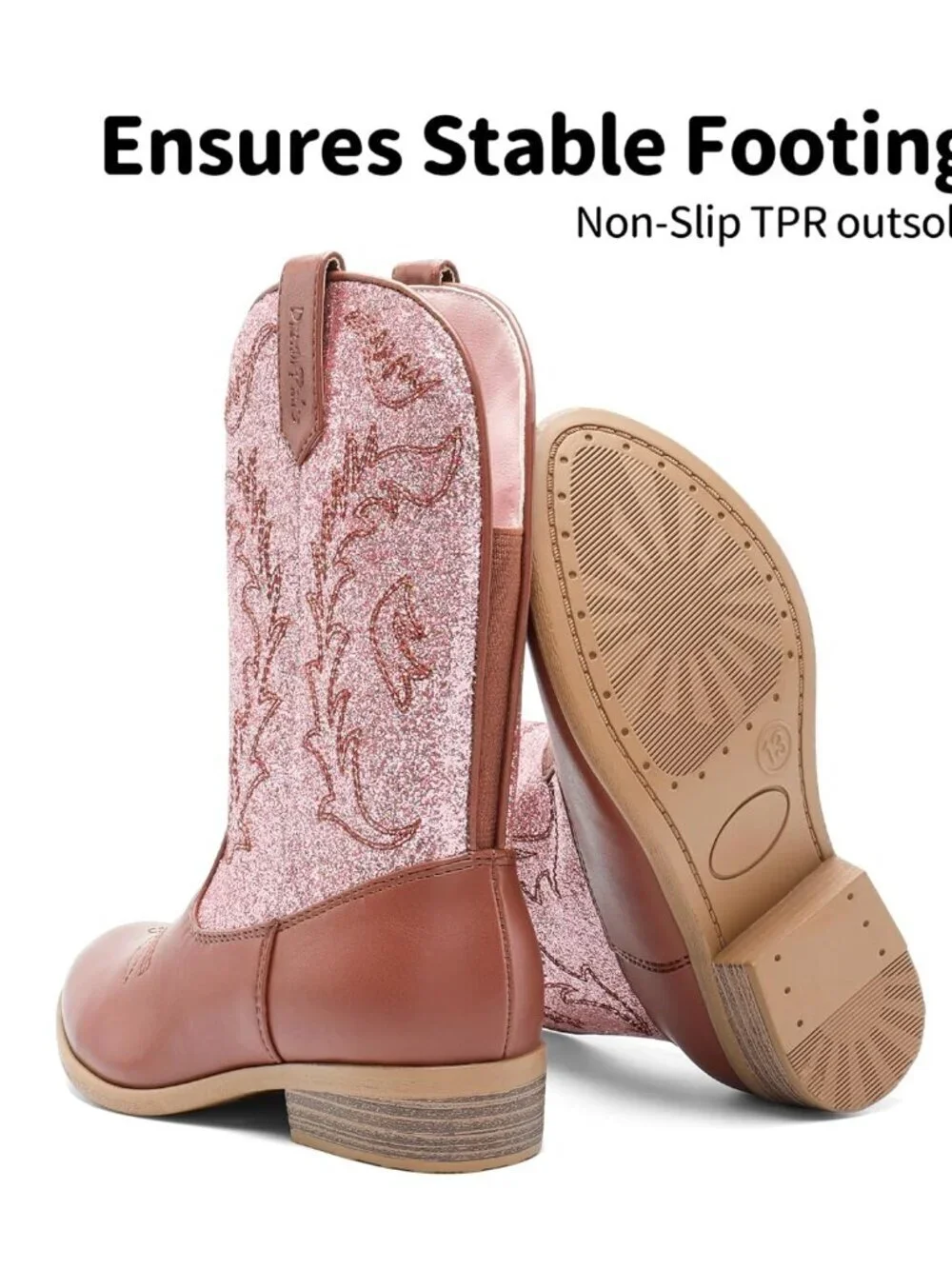 Dream Pairs Girls Pink/Brown Embroidered Cowgirl Stylish Girls Mid Calf Shoes